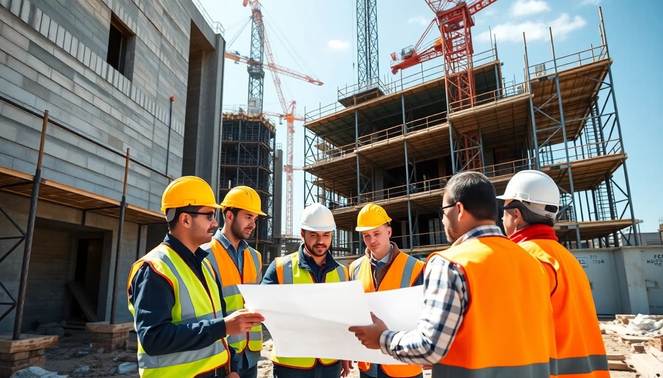 Workers demonstrating construction teamwork on-site with plans and machinery.