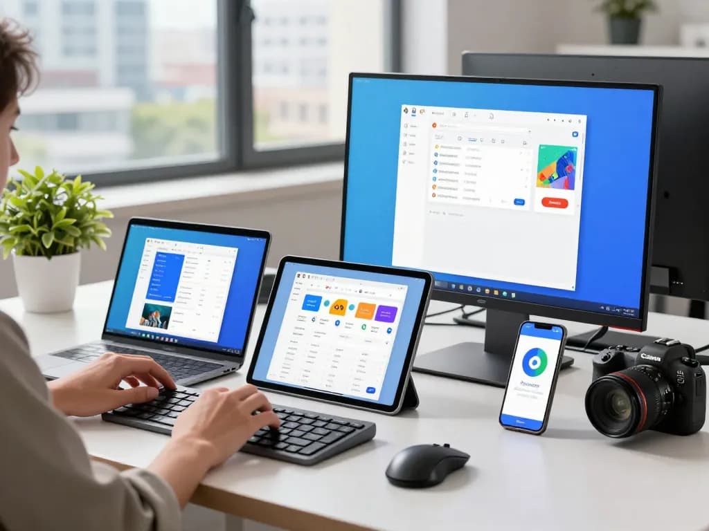Experience the features of 谷歌浏览器 on multiple devices in a modern tech workspace.