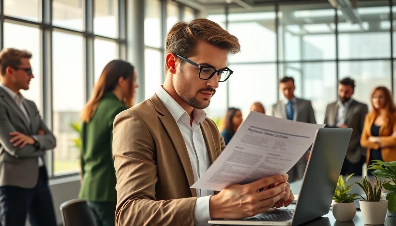 Professioneller Headhunter Schweiz analysiert CV in einem modernen Büro.
