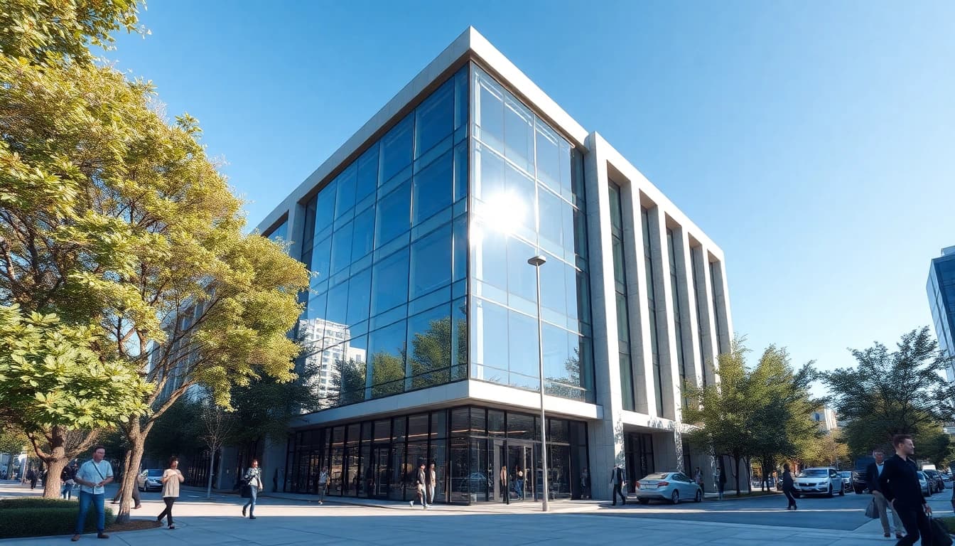 Architekturvisualisierung eines modernen Gebäudes in urbaner Umgebung mit gläsernen und betonierten Elementen.