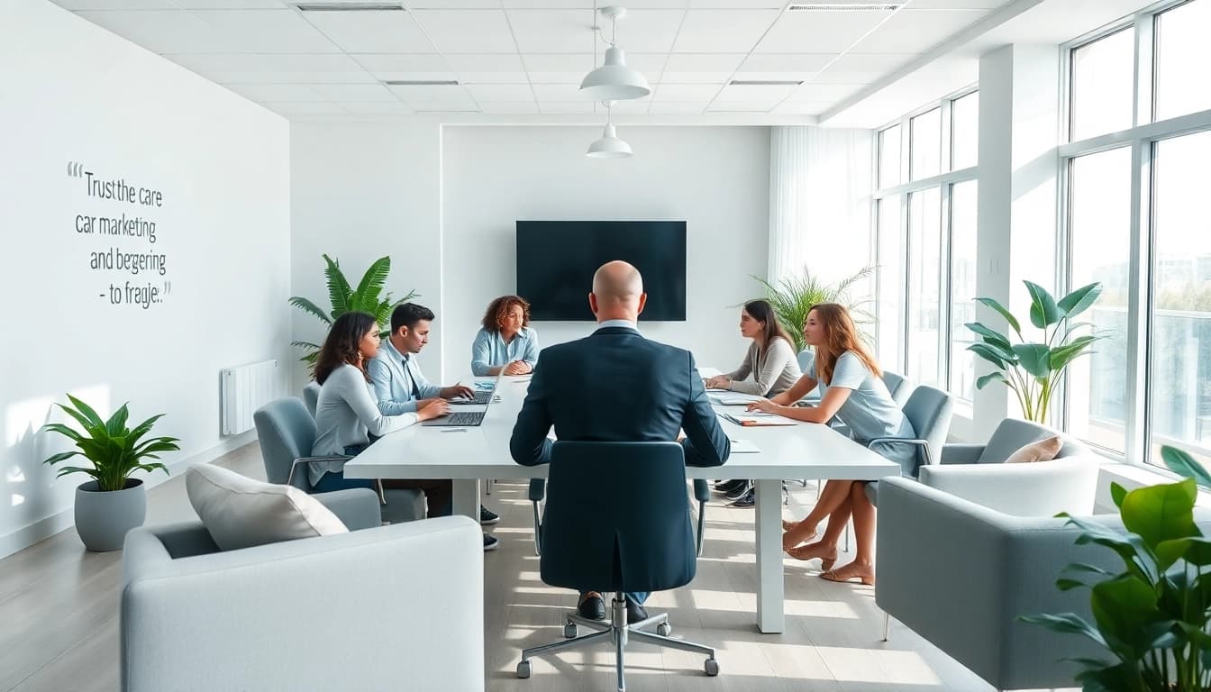 Collaboration at a werbeagentur pflege, showcasing a modern marketing team in a bright office.