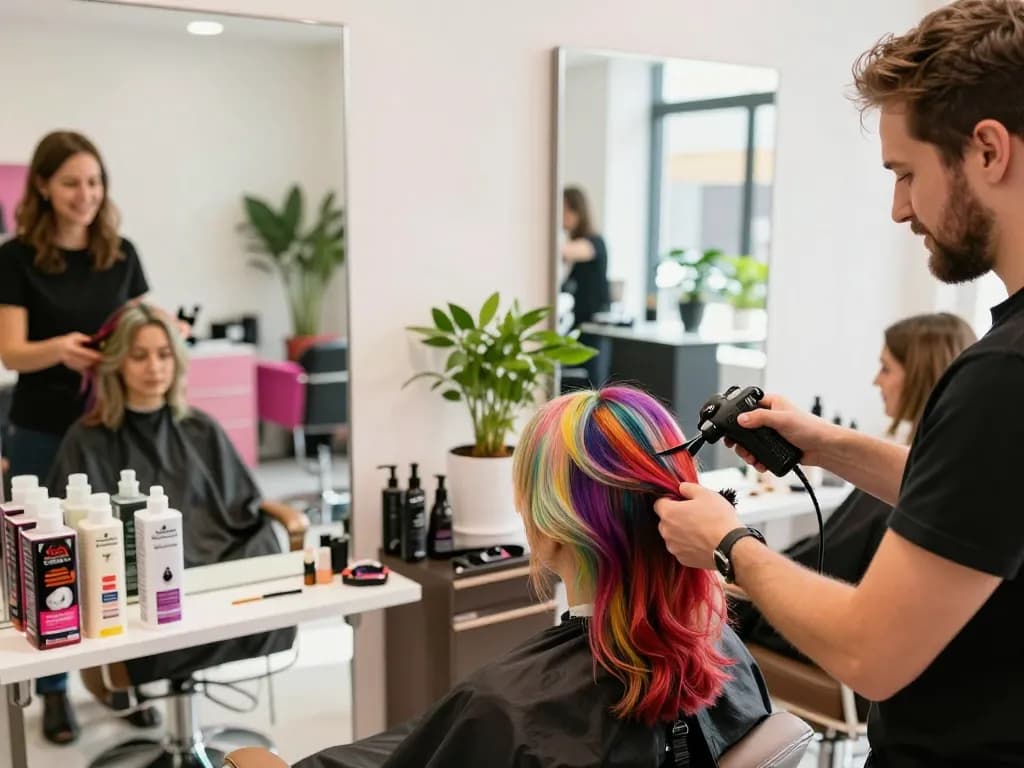 Stylist wendet Haarfarbe Friseur in einem hellen Schönheitssalon mit lebhaften Haarfarben an.