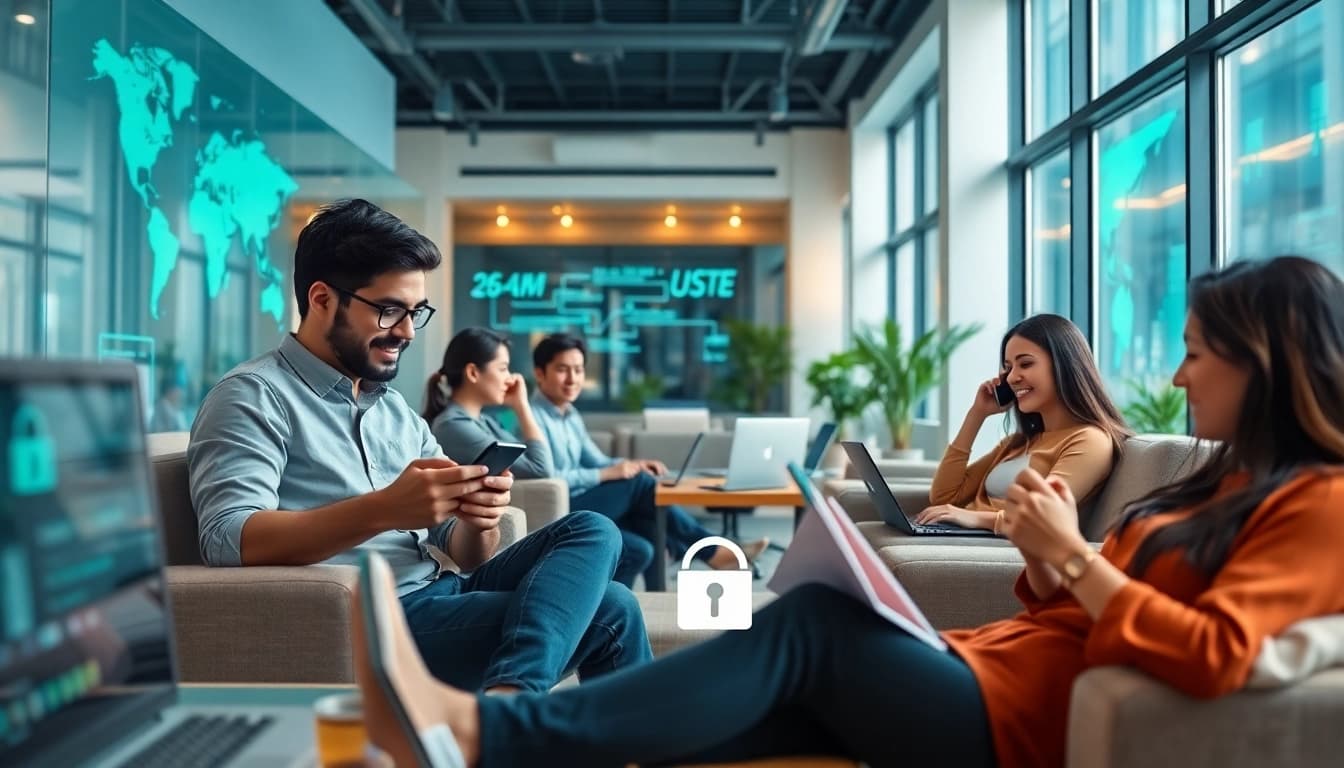 快连官网 users enjoying fast internet on various devices in a modern workspace, representing secure connectivity.