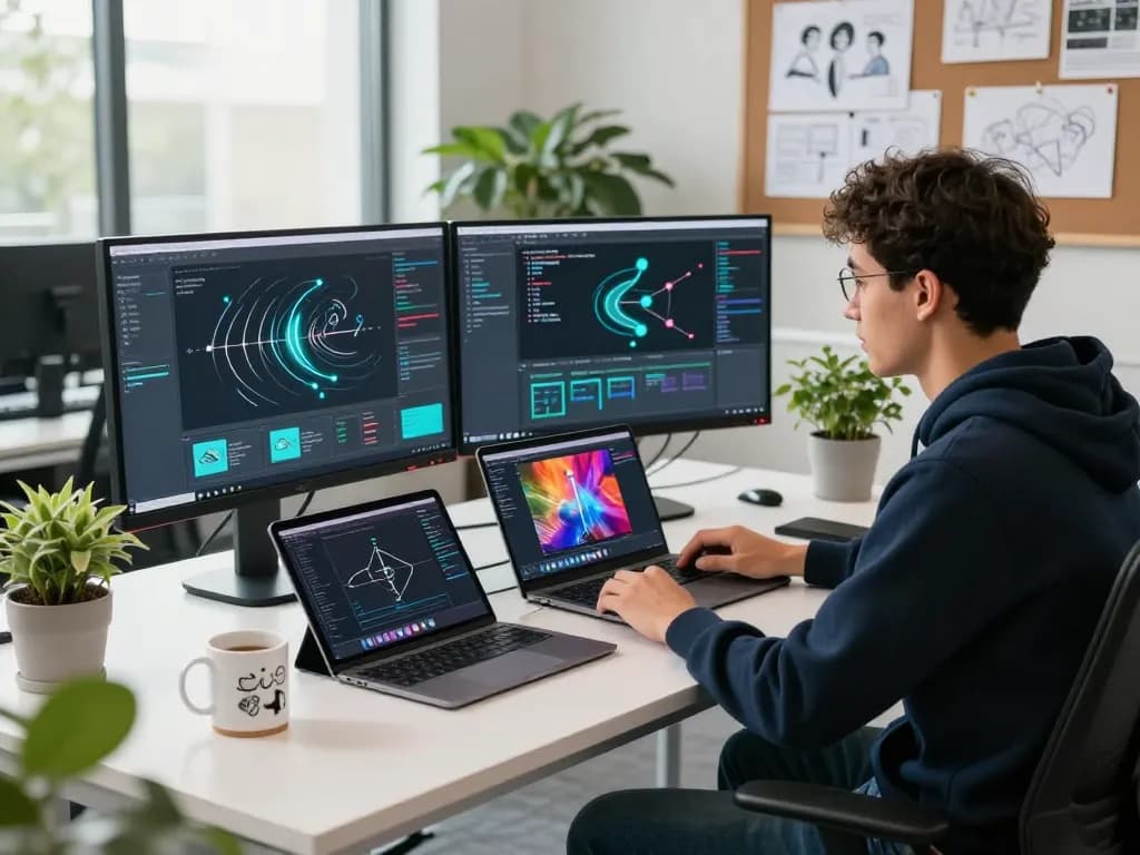 Creating AI videos with free motion control in a modern tech workspace.