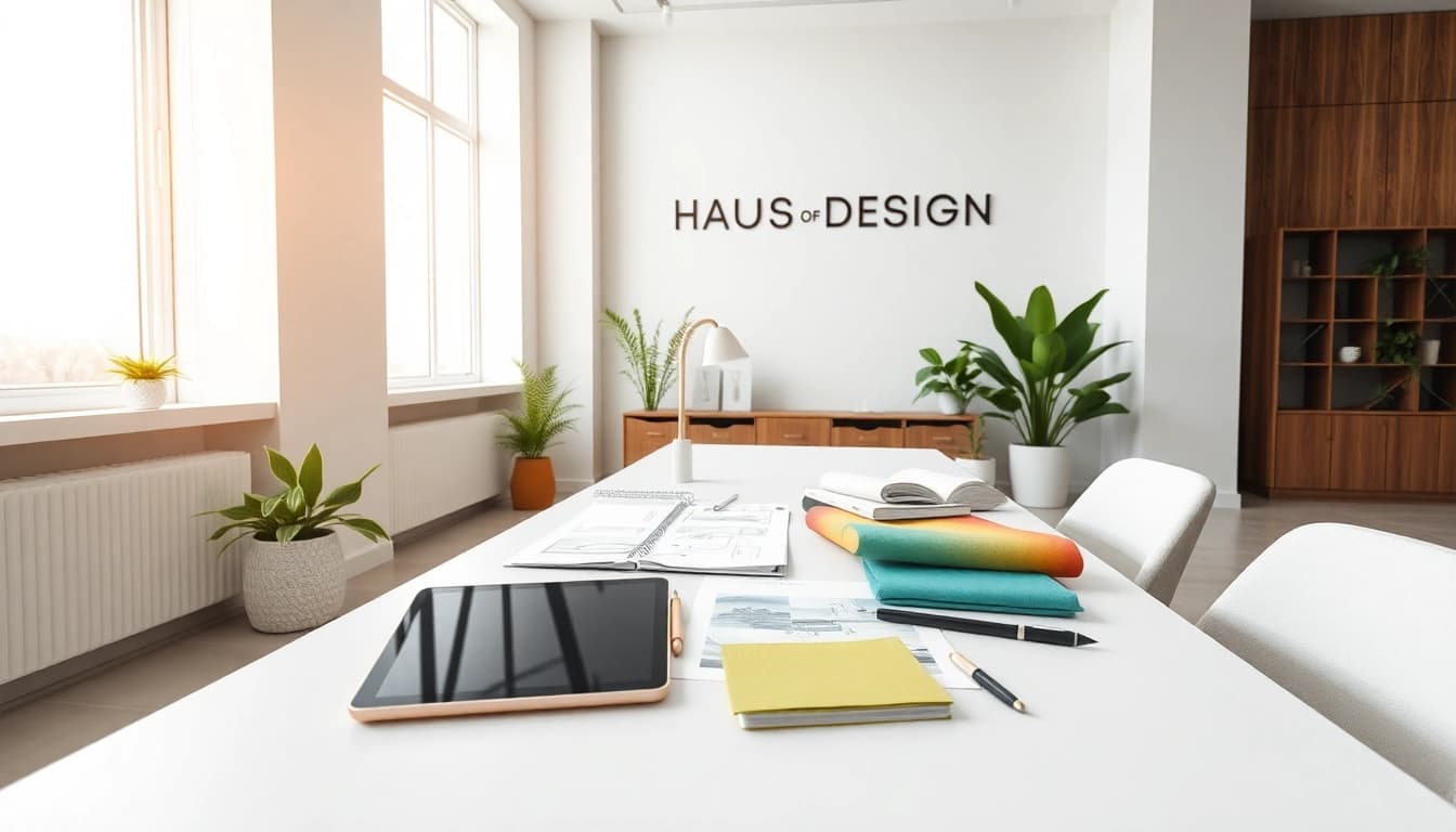 Modern design workspace at Haus of Design showcasing creativity with sketches, digital tools, and greenery.