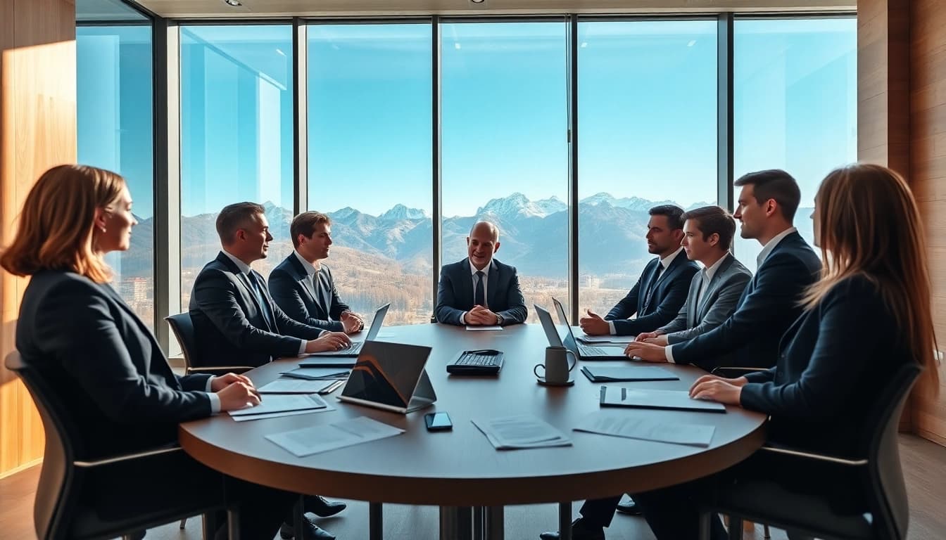 GmbH gründen Schweiz, professionals discussing business setup in a modern office.