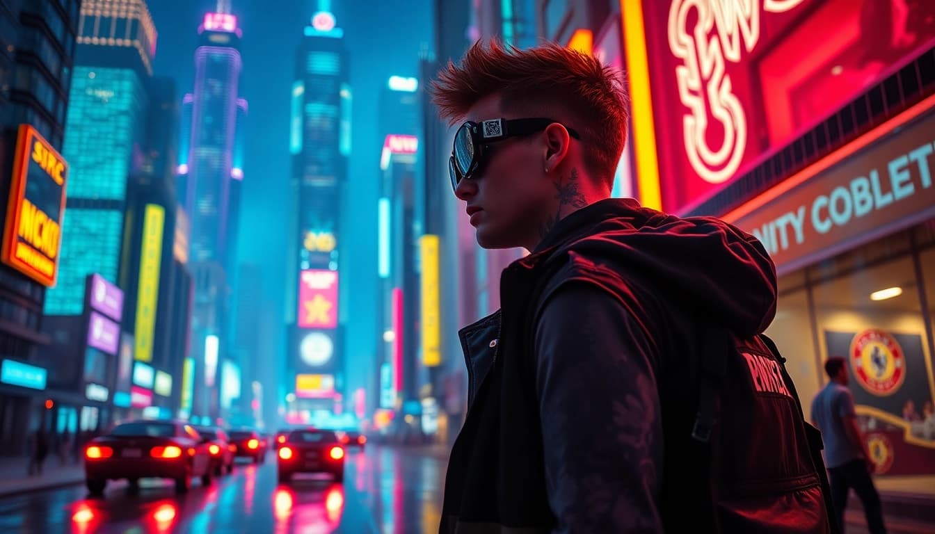 Hochwertige cyberpunk apparel in einer futuristischen Stadtumgebung mit Neonlichtern.