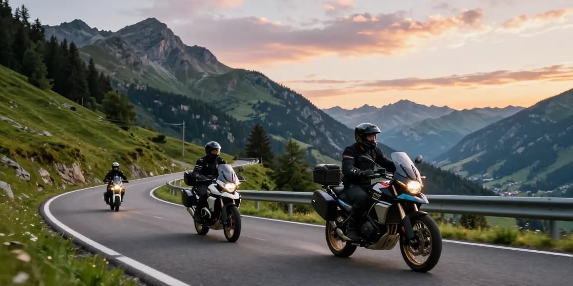 Fahrer genießen die besten Straßen Motorradfahren Deutschland auf kurvigen Bergstraßen während des Sonnenuntergangs.