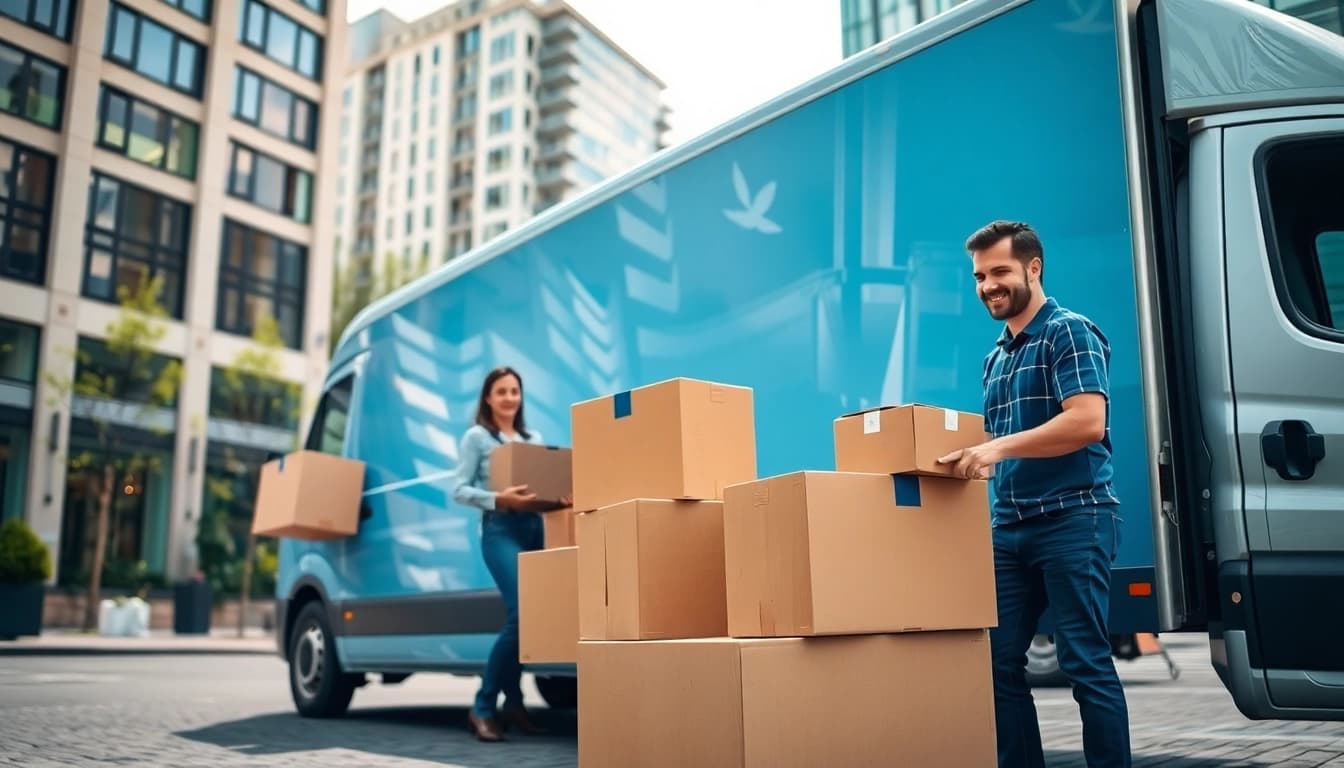 Professionelles Berlin Umzugsunternehmen belädt einen Umzugswagen in der Stadt.