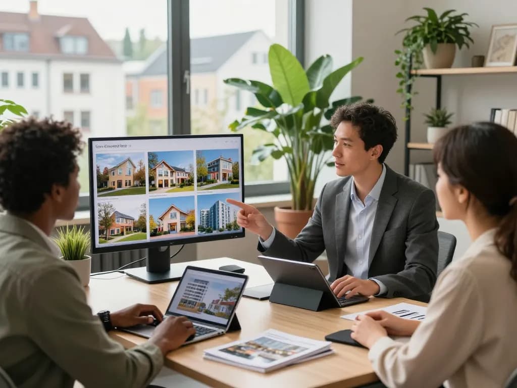 Immobilienmakler in Frankfurt Sachsenhausen, der Kunden bei Immobilienangeboten in einer modernen Büroumgebung unterstützt.
