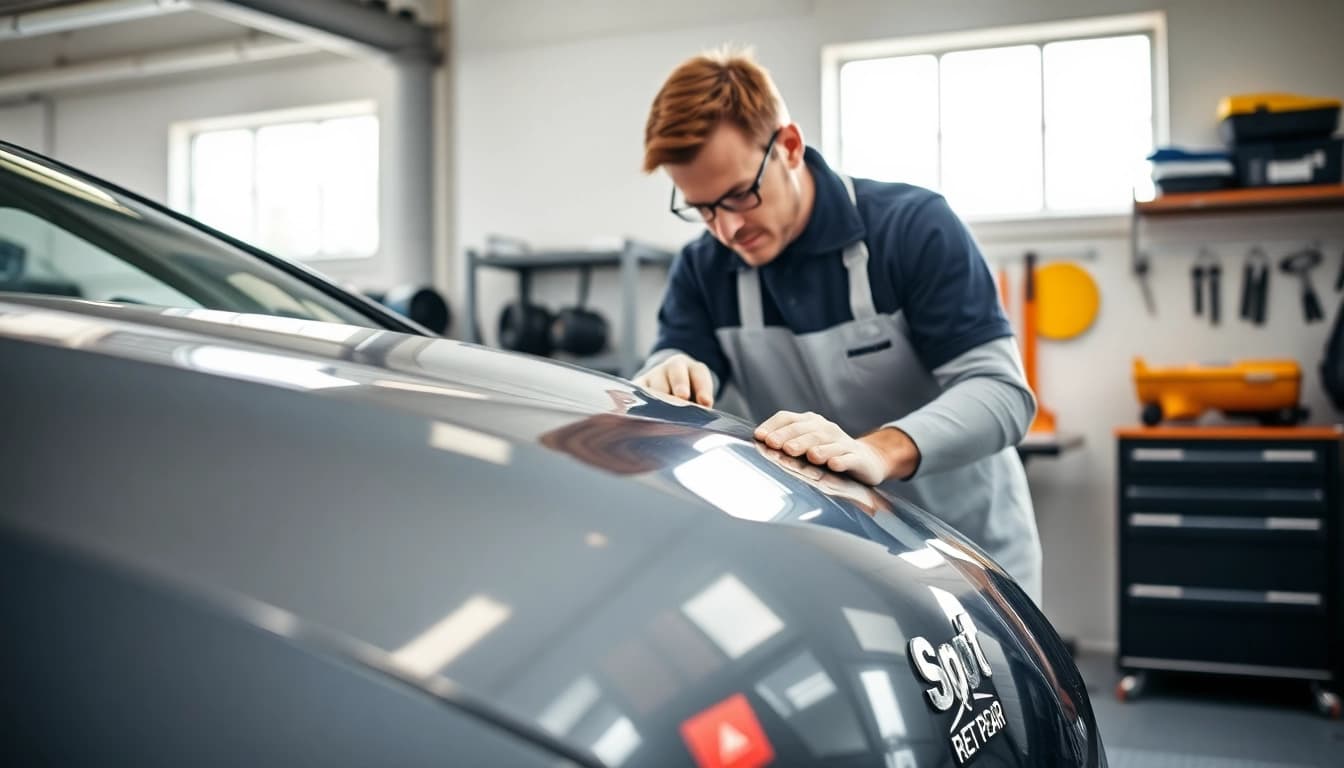 Techniker führt Spot Repair München durch und repariert Lackschaden am Fahrzeug.