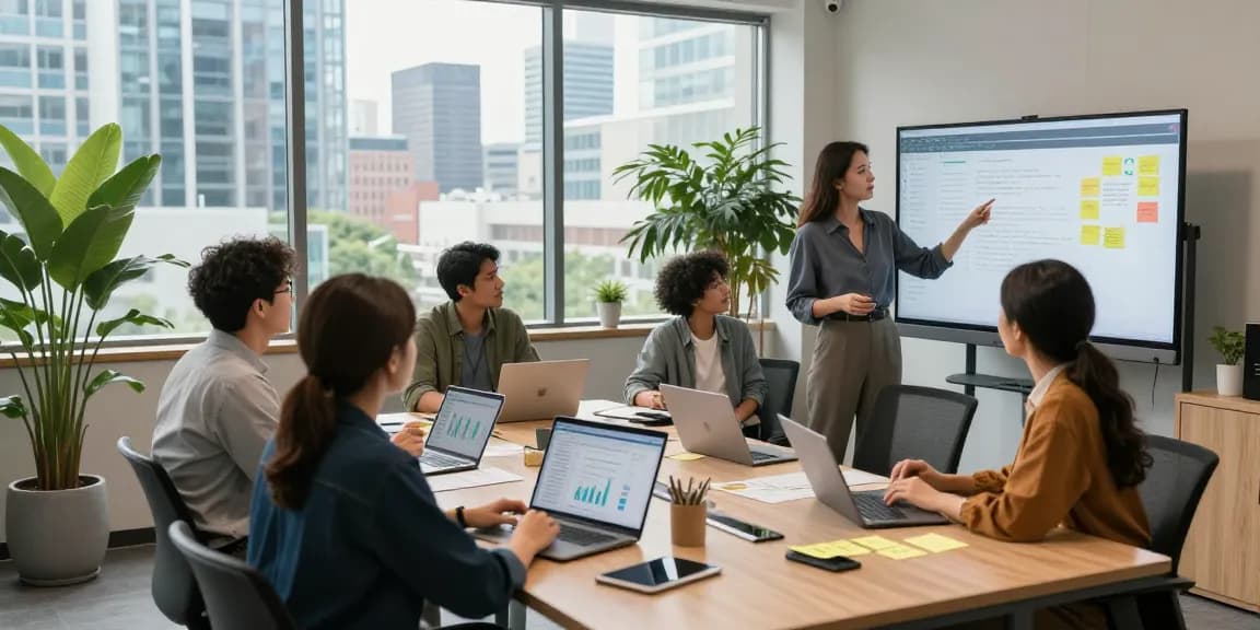 Ein Team diskutiert die arbeitskultur bewerten in einem modernen Büro mit digitalen Geräten.