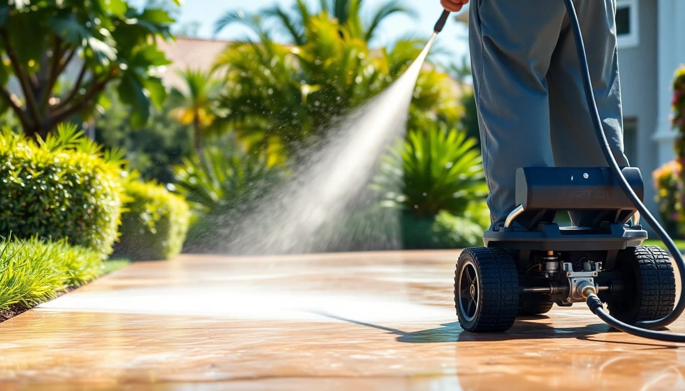 Driveway pressure wash showcasing a professional cleaner revitalizing a concrete driveway in Kissimmee, FL.