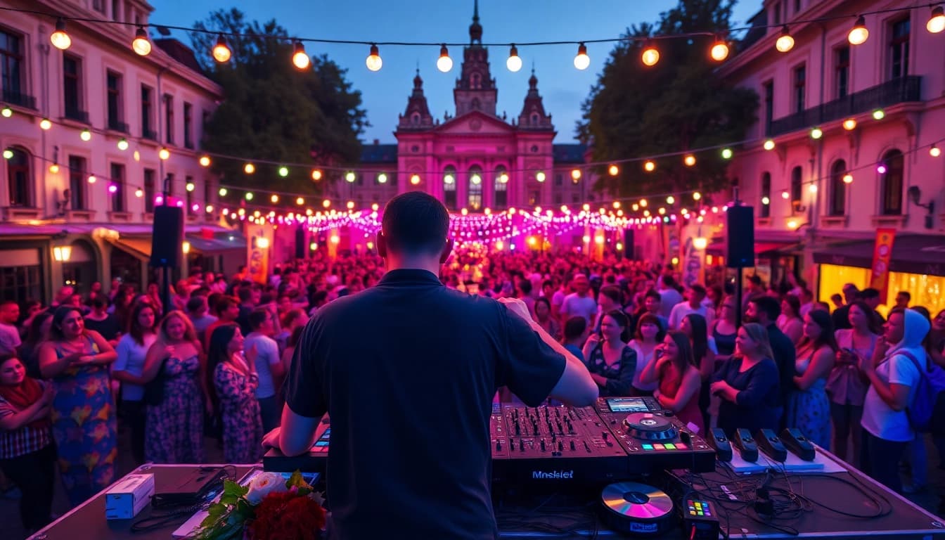 DJ aus München begeistert das Publikum bei einer lebhaften Outdoor-Party.