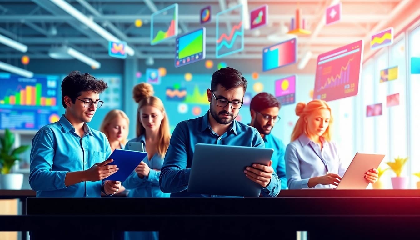 Professionals collaborating on Online Marketing strategies with digital tools in a vibrant office.