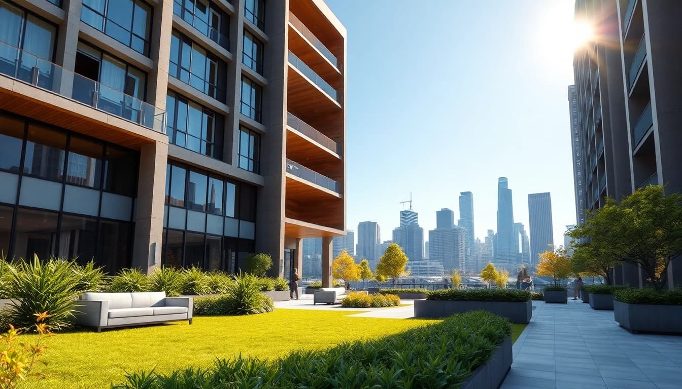 Erstellen Sie beeindruckende Architekturvisualisierung mit modernen Gebäuden und urbanem Umfeld.