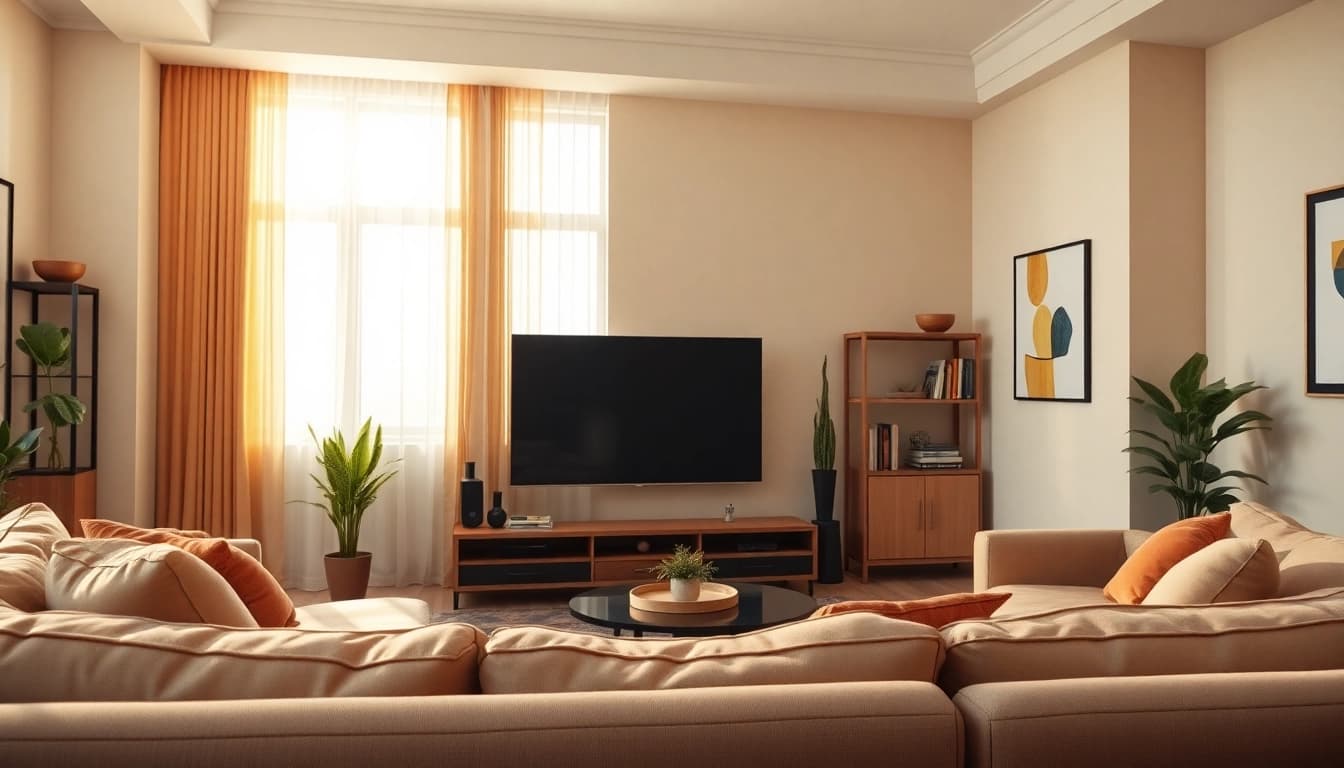 Iptv Kaufen - Komfortable Wohnzimmereinrichtung für IPTV-Streaming mit modernem Design.