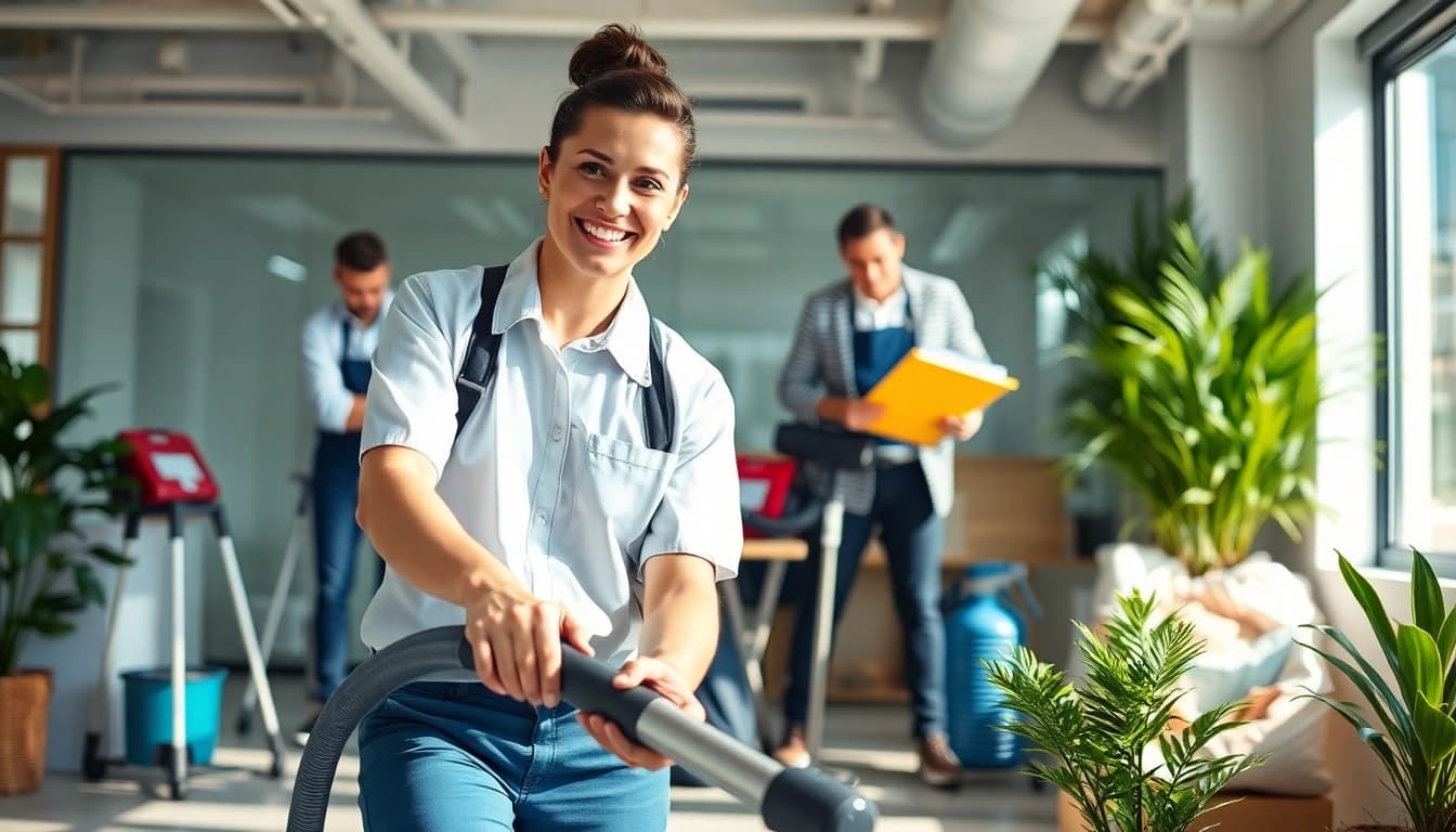 Efficient Gebäudereinigung Ulm durch ein freundliches Reinigungsteam in einem modernen Büro.