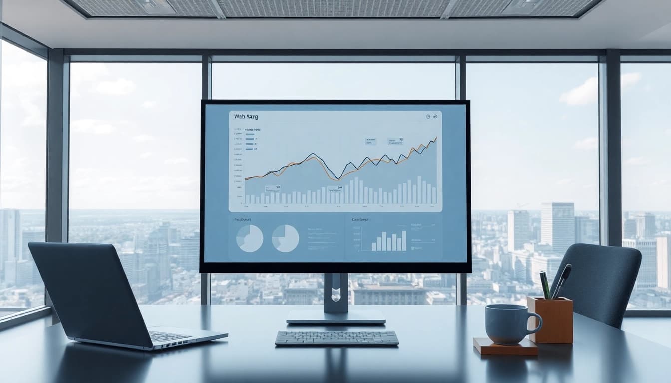 Analyse des Web-Rangs auf einem modernen Bürocomputer mit Grafiken zur Website-Performance.