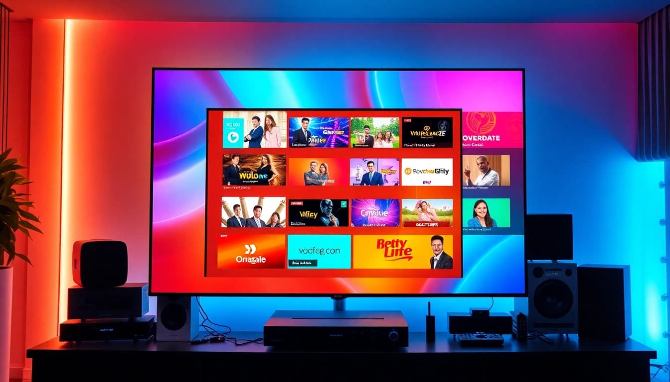 Showcase various IPTV anbieter services and channels on a vibrant TV screen with modern tech.