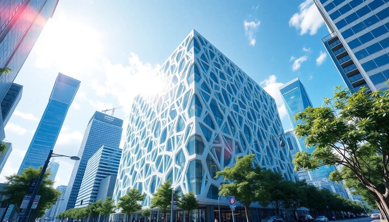Vielfältige Architektur visualisierung eines modernen Gebäudes in städtischer Umgebung, die Details und Design betont.