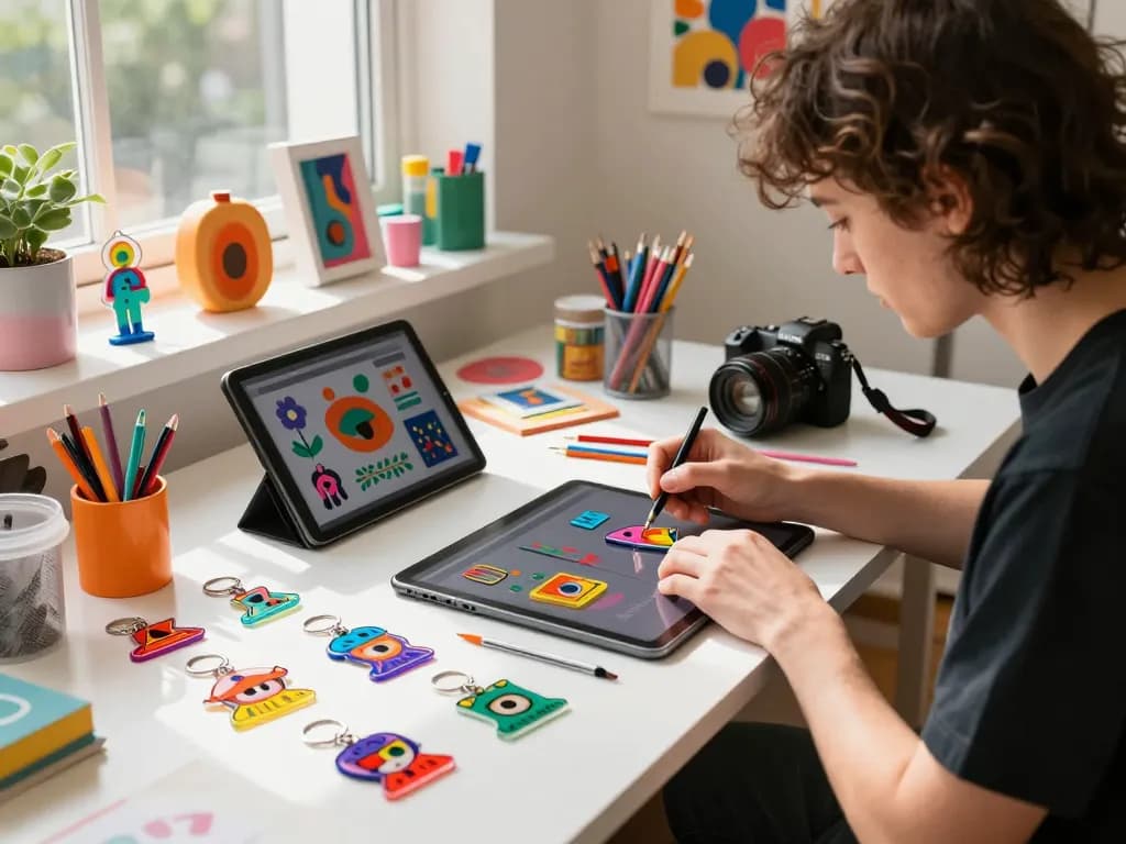 Custom acrylic keychains being designed by an artist in a bright workspace, showcasing creativity and craftsmanship.