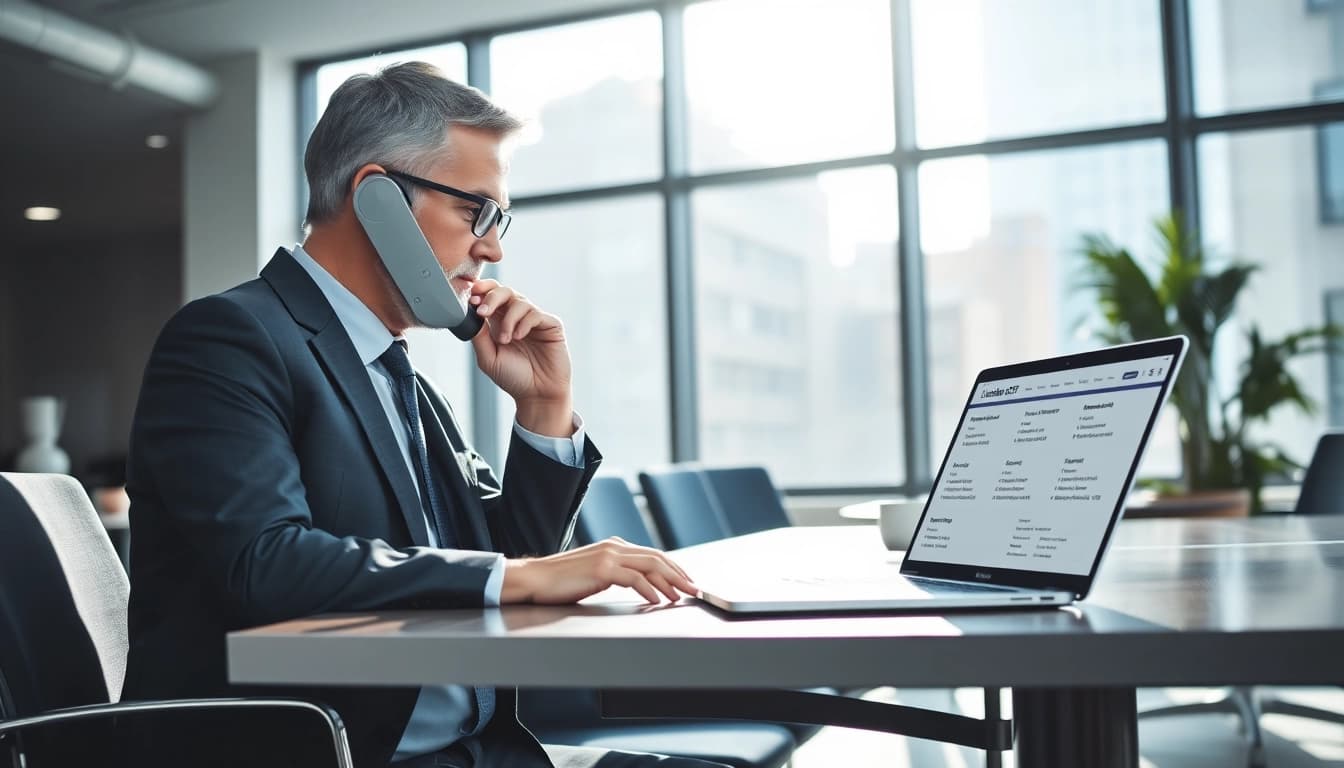 Headhunter IT, der in einem modernen Büro mit Laptop und Lebensläufen arbeitet.