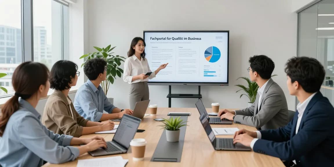 Team collaborating in an office discussing Fachportal für Qualität im Business strategies with engaging presentation.