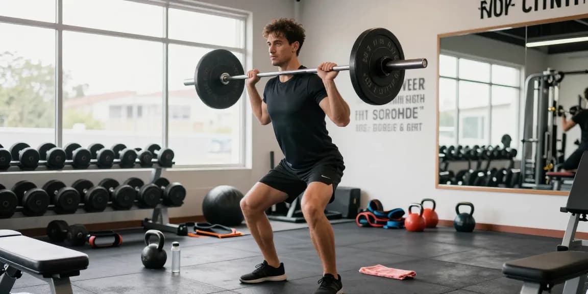 Anabolika Shop: Bodybuilder beim Training mit Gewichten in modernem Fitnessstudio, motivierende Atmosphäre.