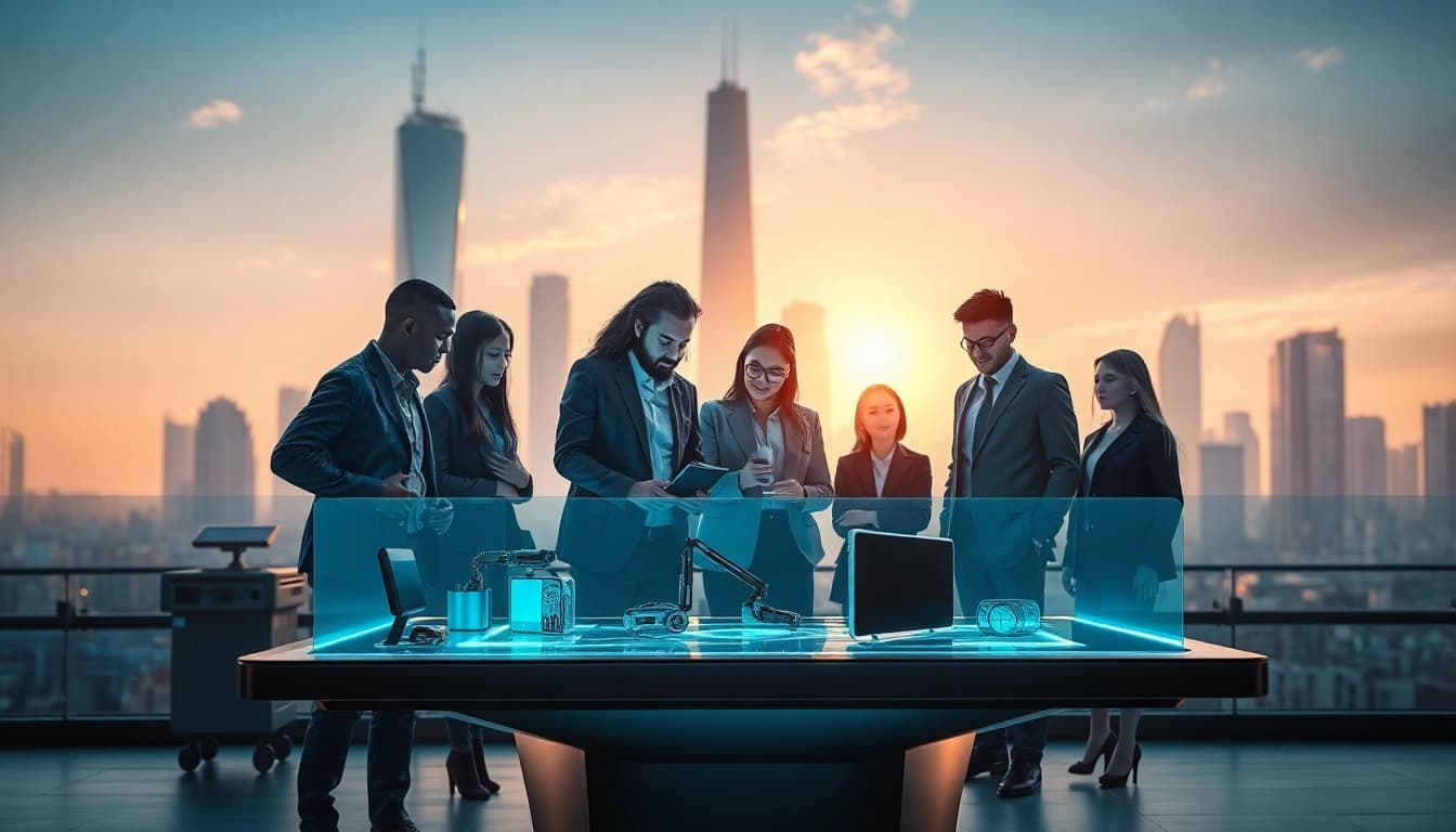 Technik Innovation zeigt innovative Geräte in einem futuristischen urbanen Umfeld.
