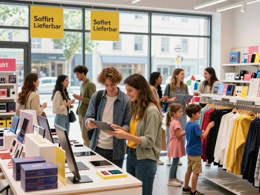 Einkäufer in einem lebhaften Einzelhandelsgeschäft, die Sofort Lieferbar Produkte erkunden, die sofort zum Kauf verfügbar sind.