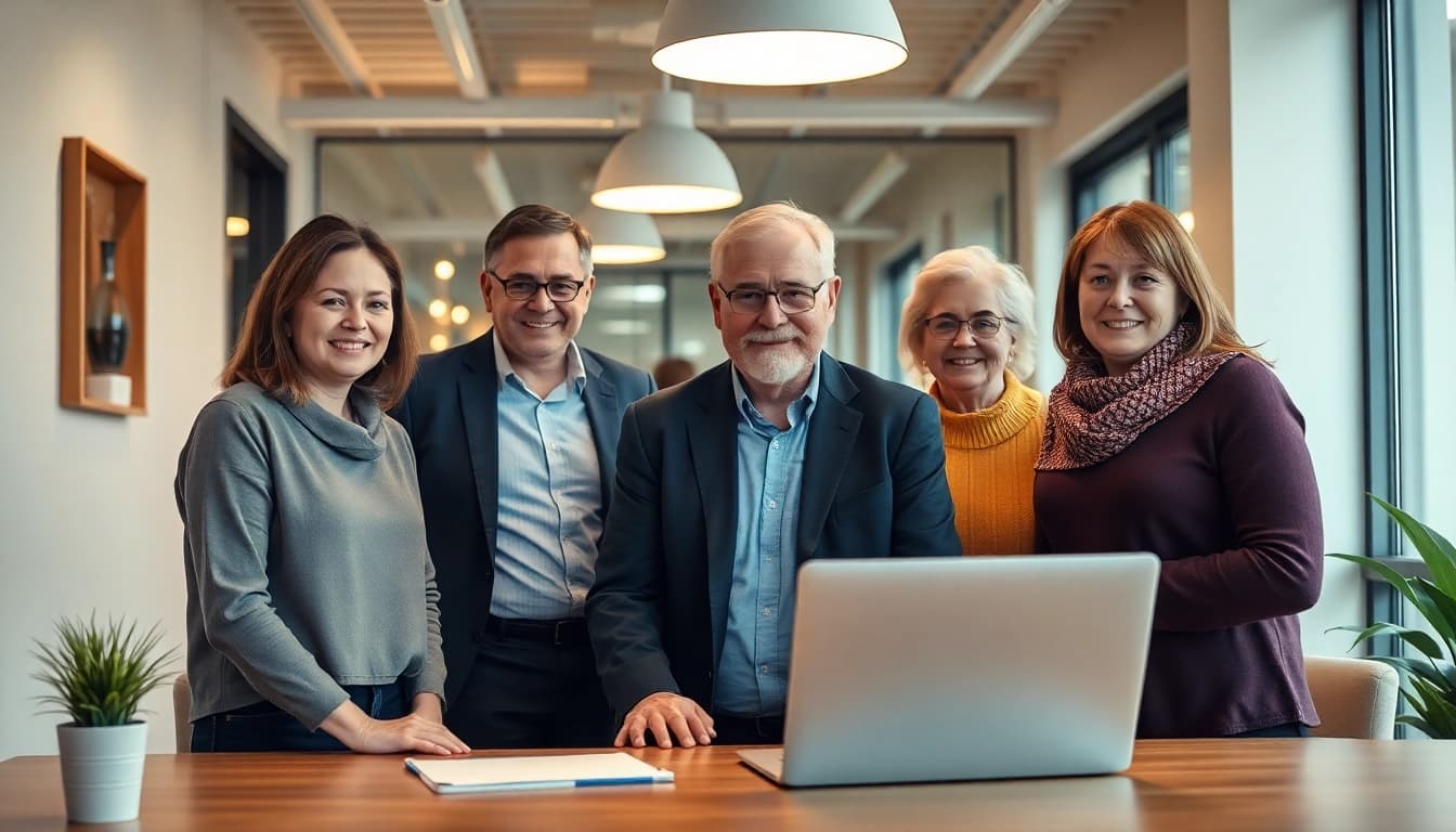 Berater bietet unternehmensberatung altenpflege an, während er mit einem Team in einem modernen Büro arbeitet.