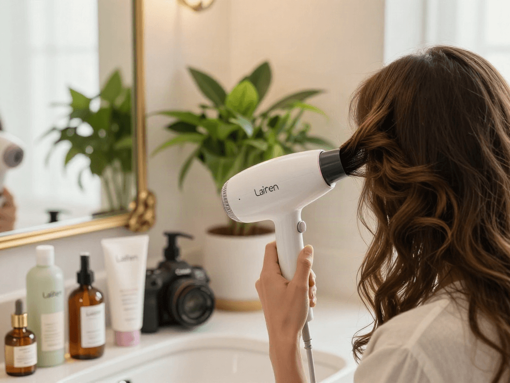 Der Laifen Mini-Haartrockner in einer eleganten Badezimmer-Szene während der Anwendung für stilvolles Haar.