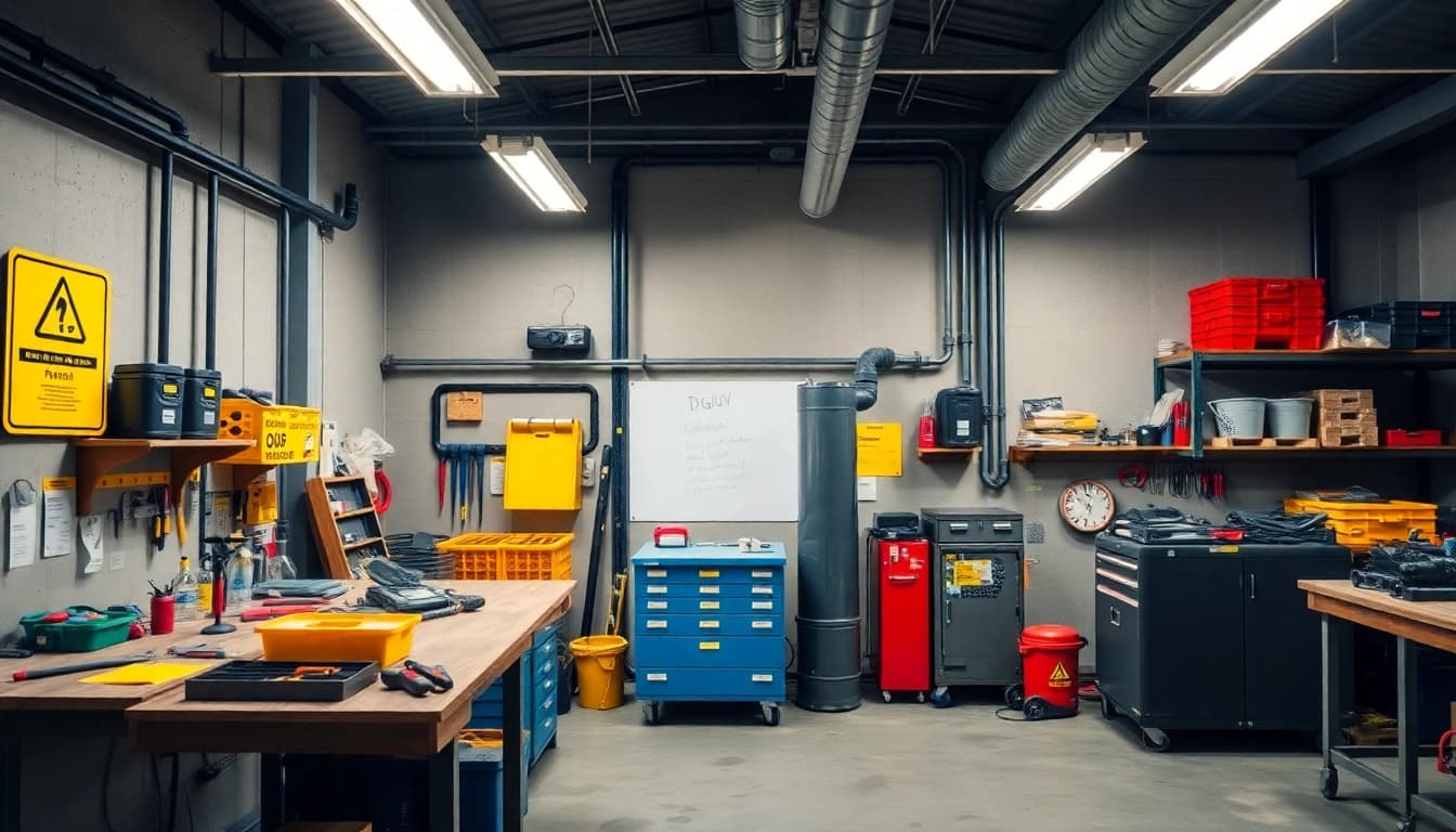Safety inspection setup for DGUV V3 Prüfung with equipment and guidelines visible.