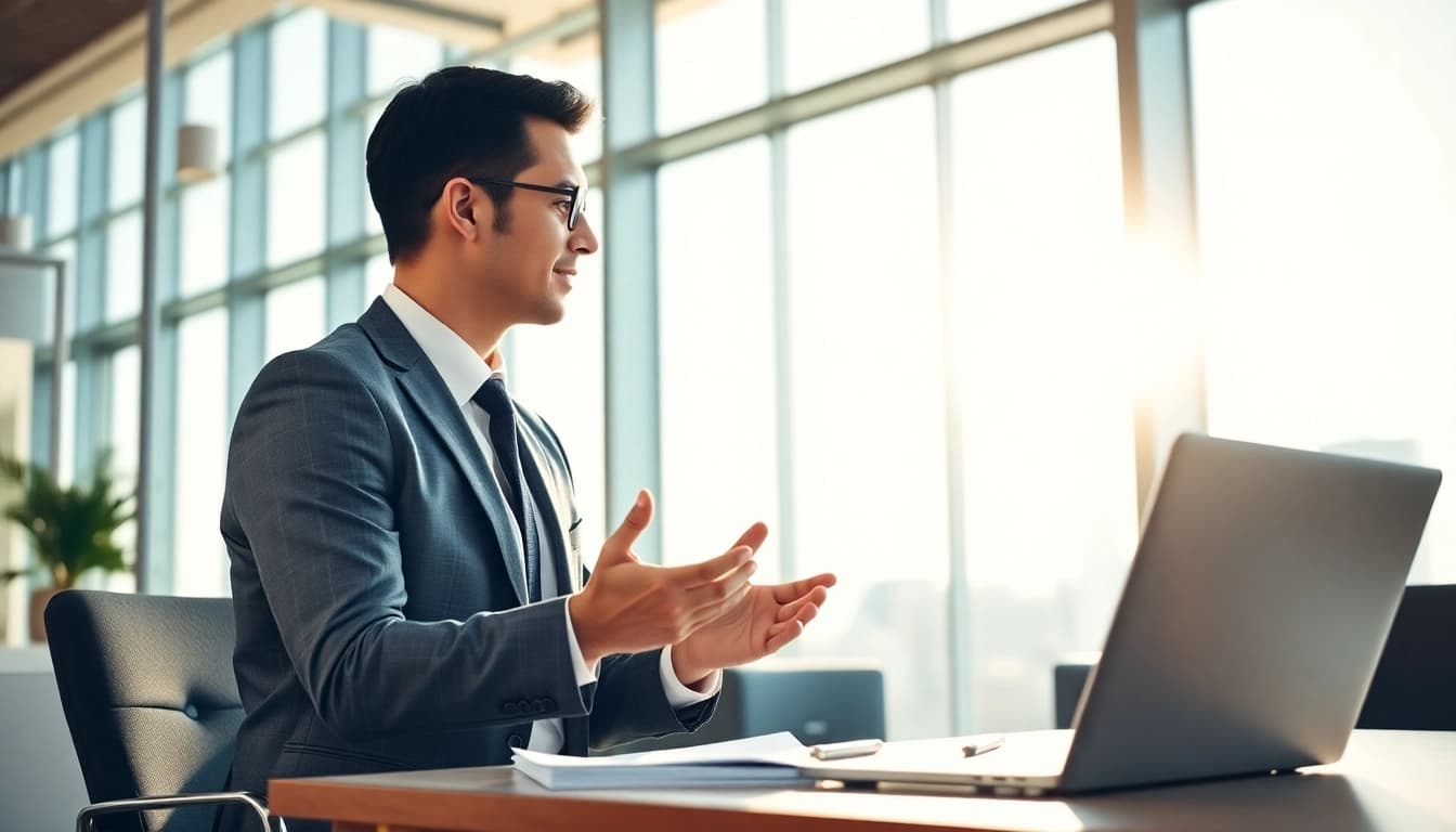 Headhunter conducting a professional interview in a modern office environment.