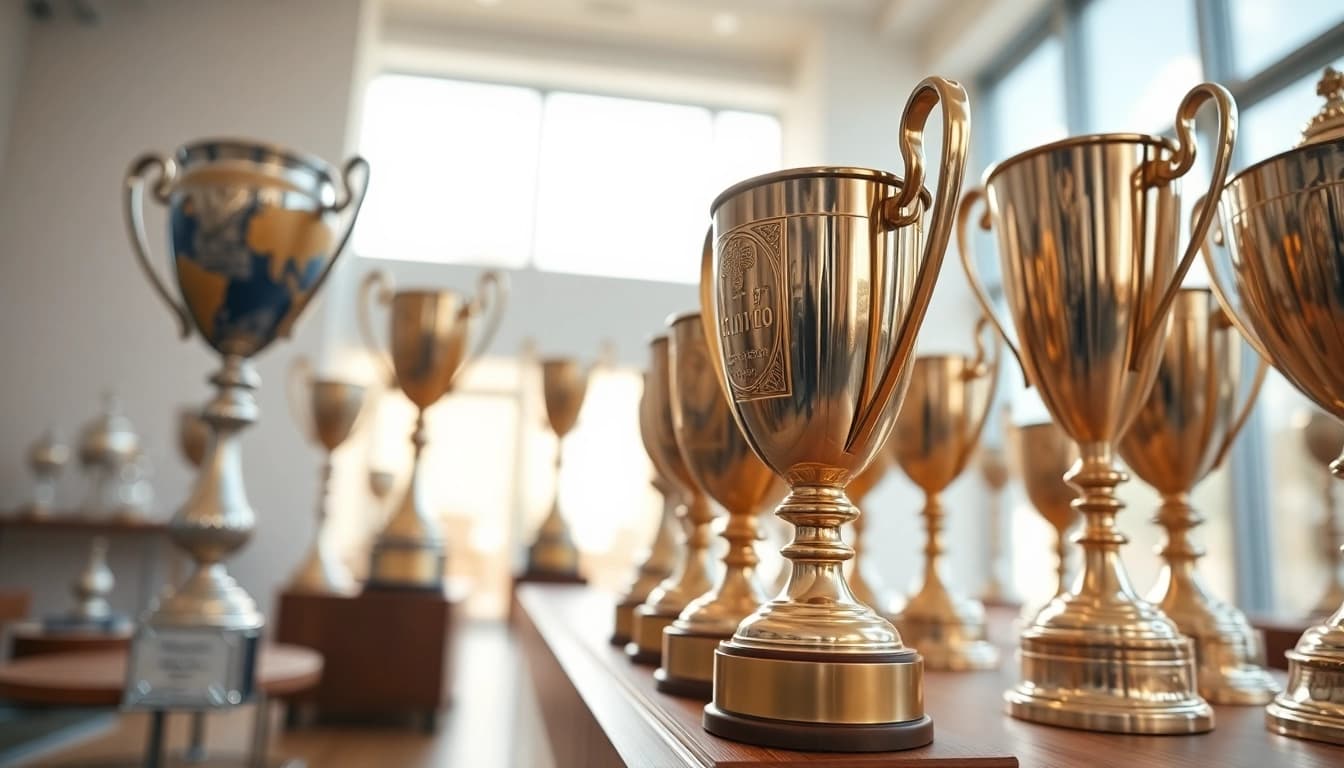 Pokale online bestellen - eine Auswahl an eleganten trophys in einem stilvollen Raum