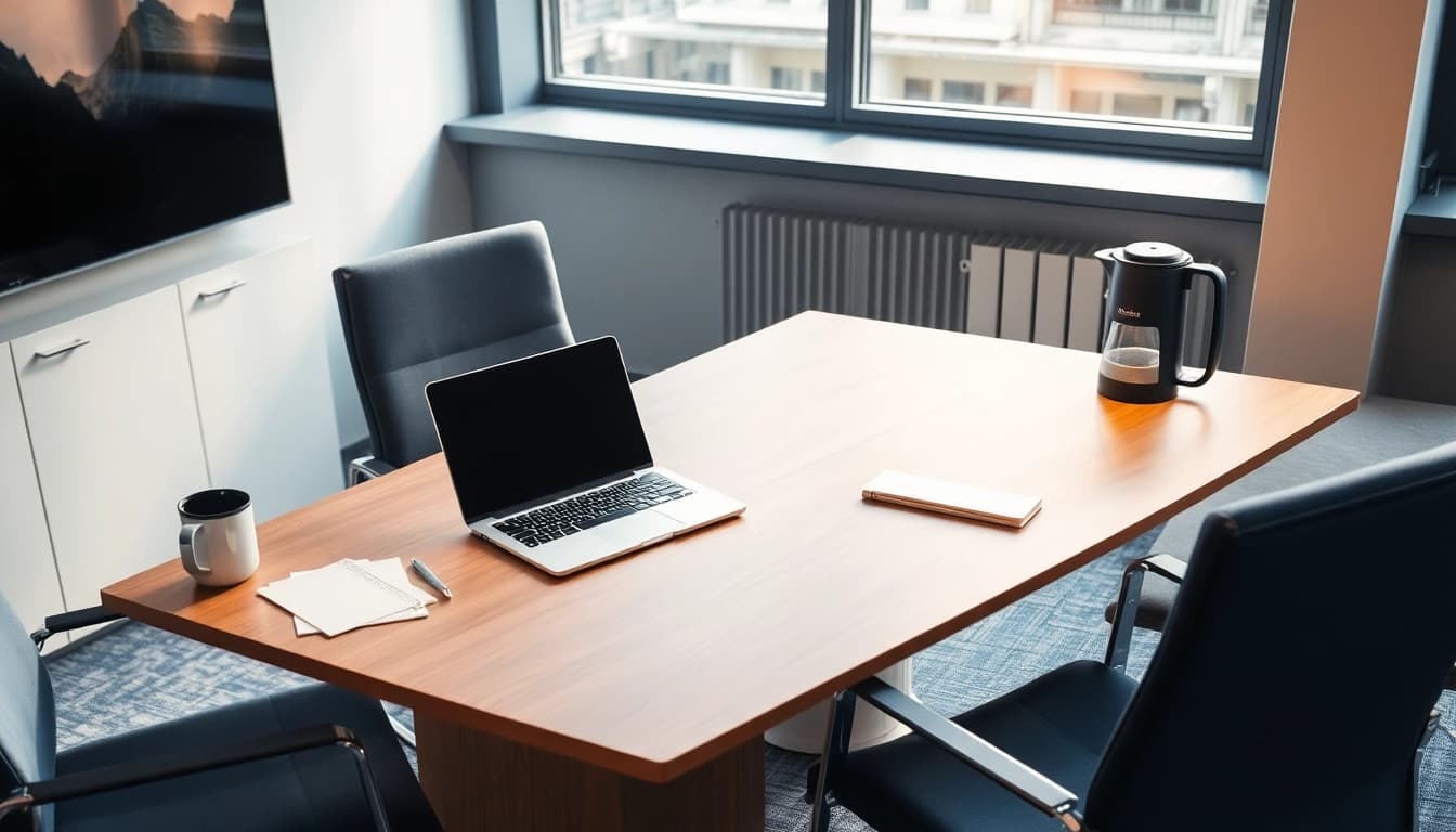 Headhunter Karlsruhe bei der Arbeit in einem eleganten Büro mit Laptop und Notizen.