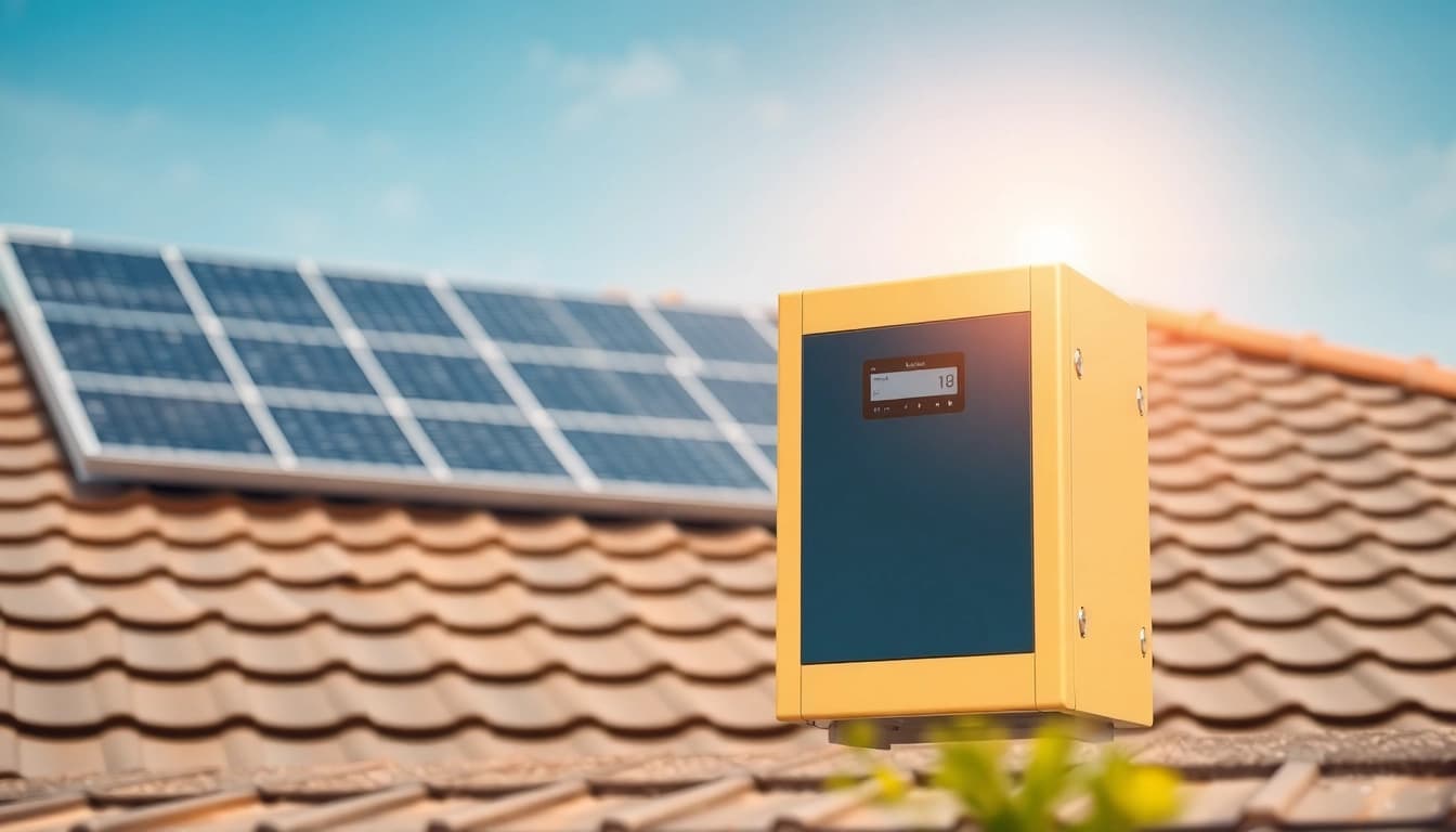 PV-Stromspeicher kaufen: Hochwertiger Stromspeicher vor modernen Solaranlagen zeigt innovative Solartechnologien.