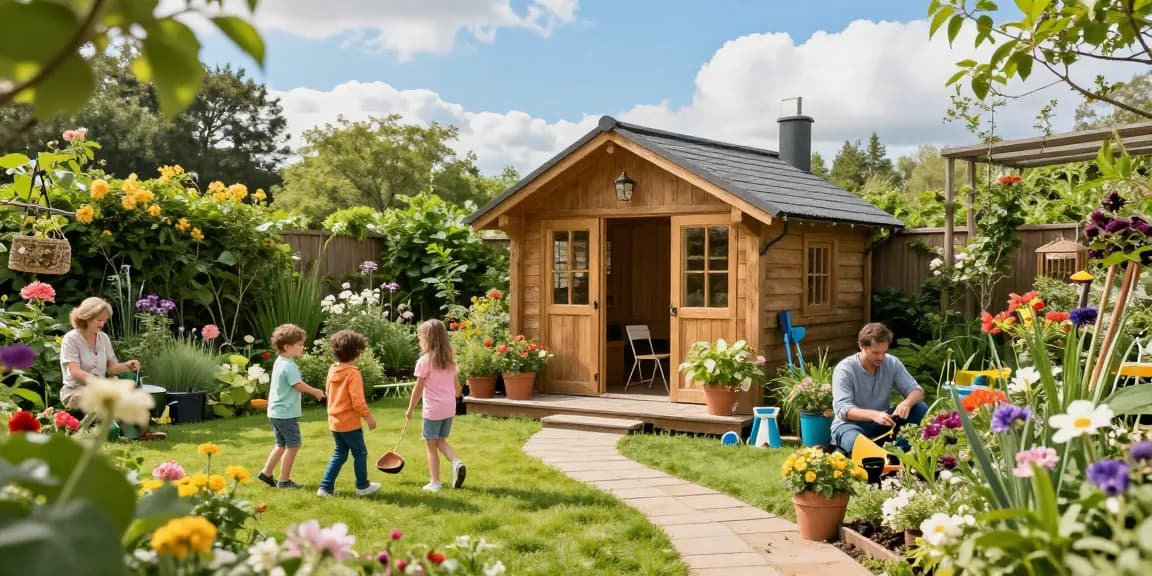 Gartenhaus umgeben von Blumen und Familienaktivitäten im Freien, ideal für entspannte Momente.