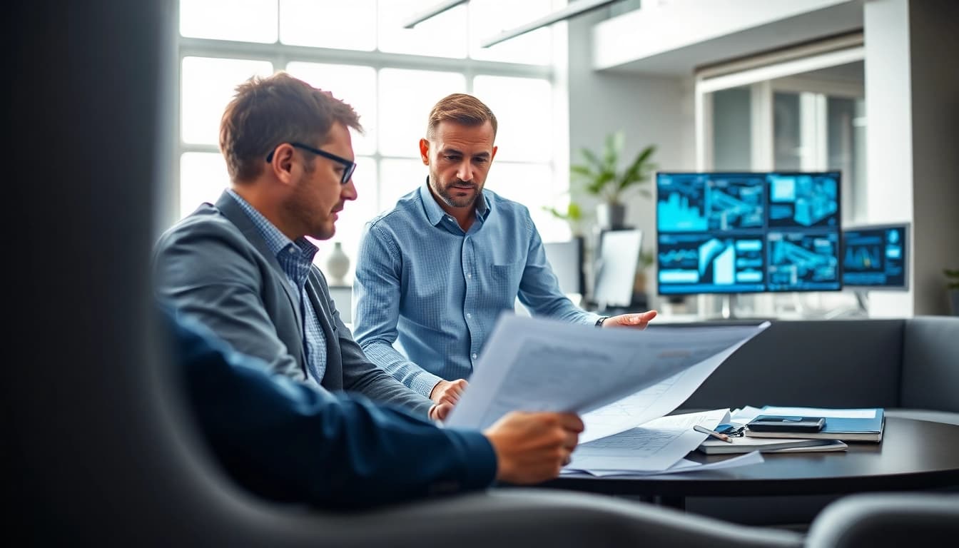 Headhunter Ingenieure in an engaging consultation with an engineer, showcasing dynamic office elements.