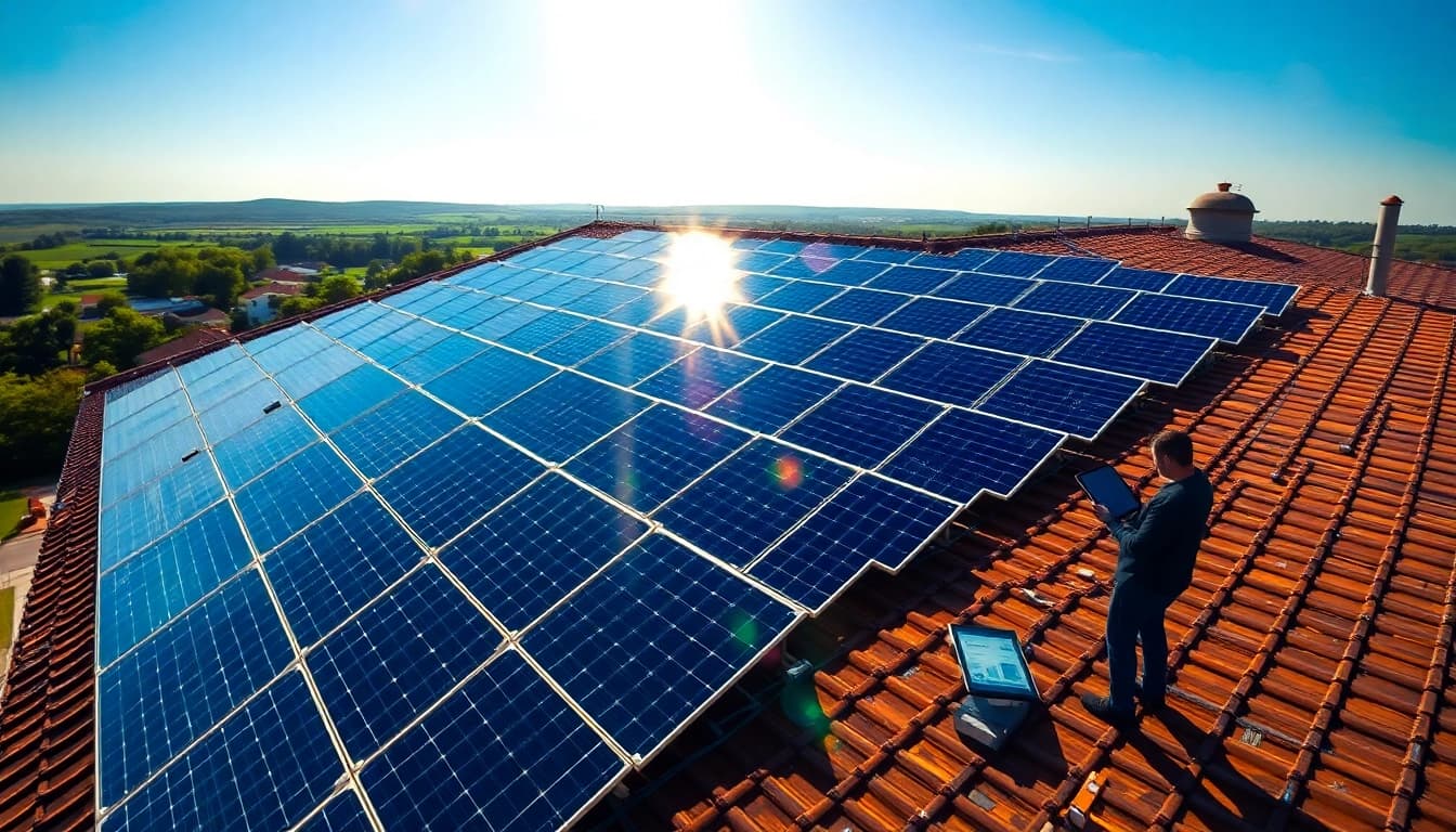 Entdecken Sie die Vorteile des Solar-Investments auf gepachteten Dachflächen mit strahlenden Solarpaneelen unter Sonnenlicht.