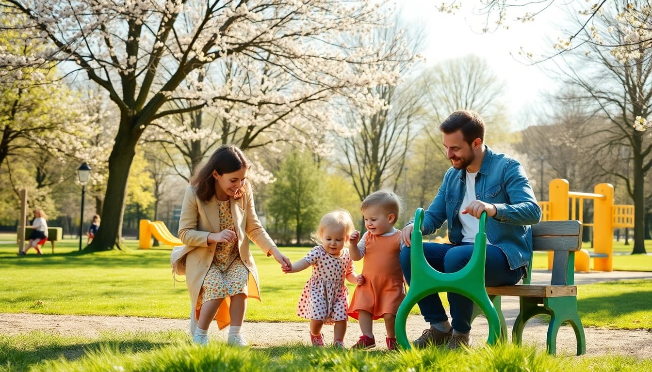 Kindererziehung: Eine Familie genießt die Zeit im Park und fördert spielerisches Lernen.