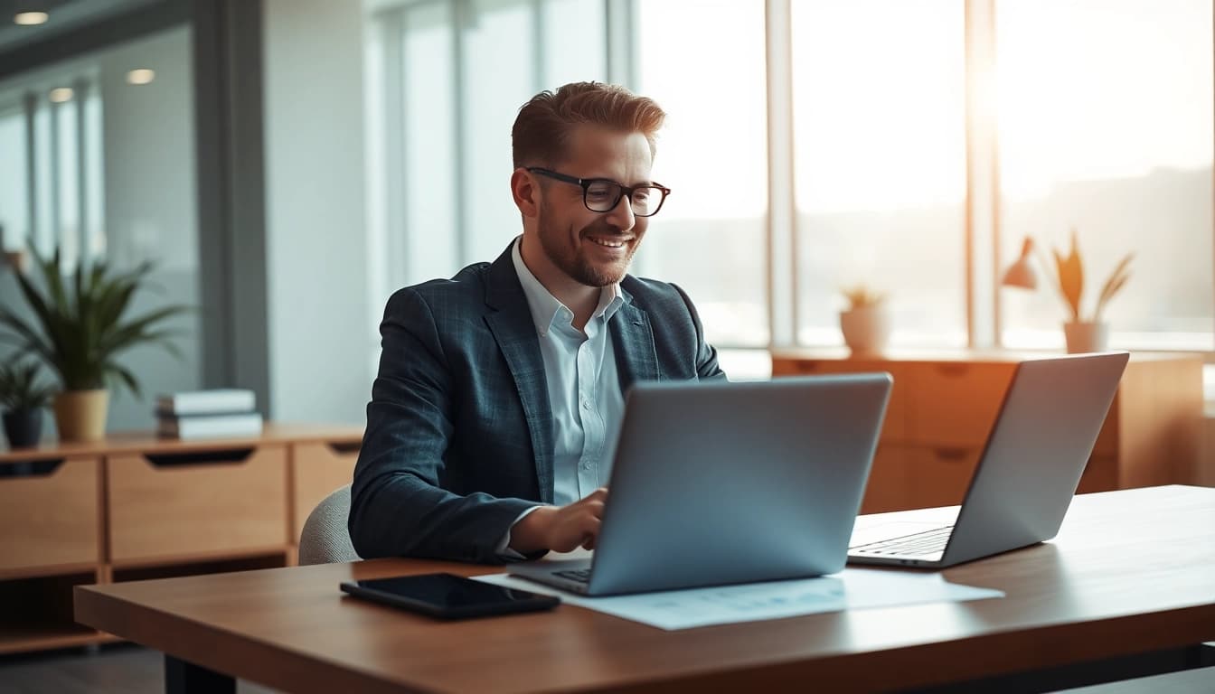 Unternehmensberatung in einem modernen Büro, wo ein Berater mit Laptop effektive Lösungen kreiert.