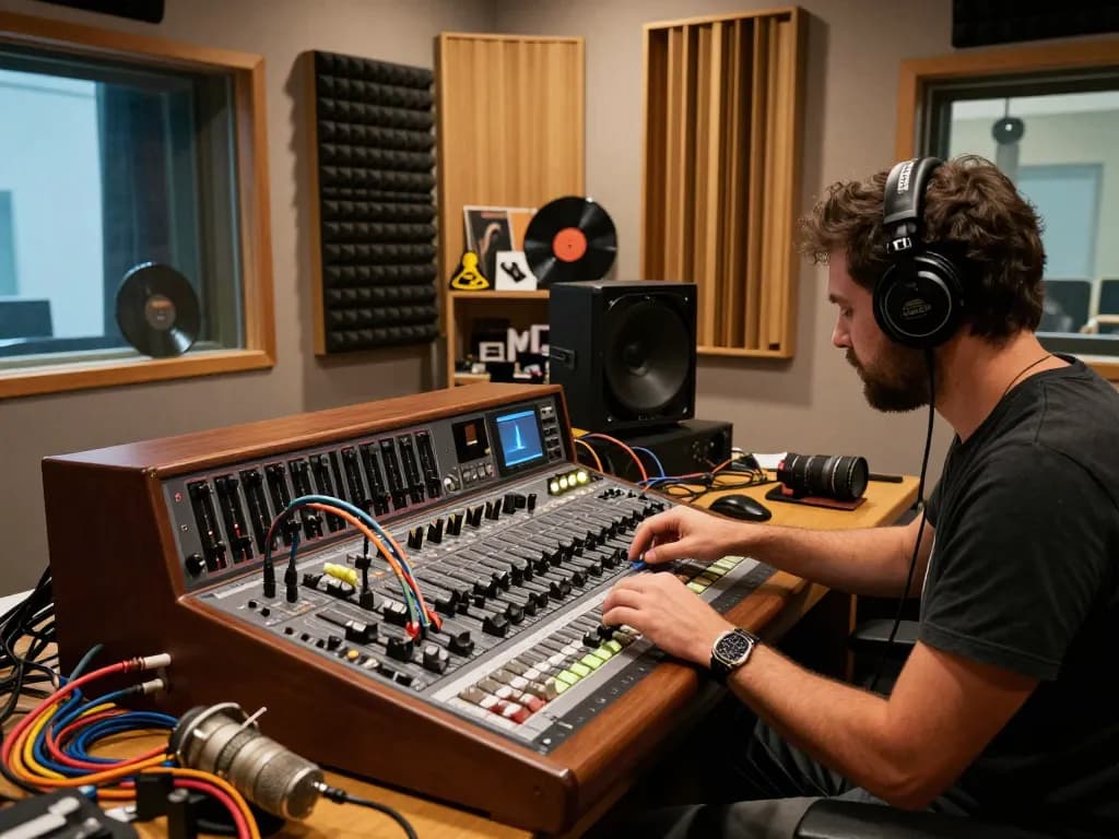 Sound engineer adjusting TASCAM DA88 in a vintage recording studio.