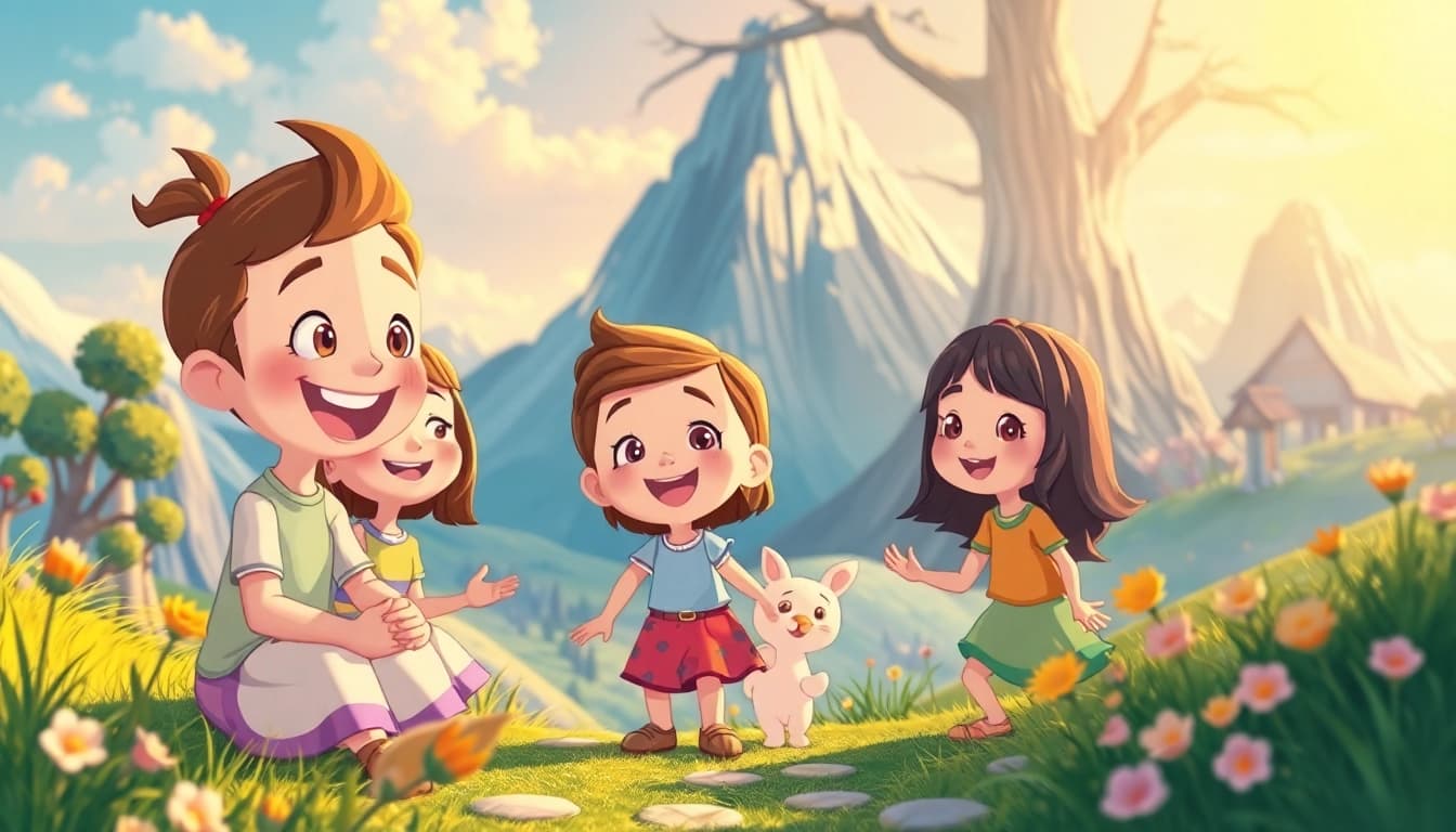2D Animation zeigt handgezeichnete Charaktere in einer fantasievollen Landschaft mit lebendigen Farben.
