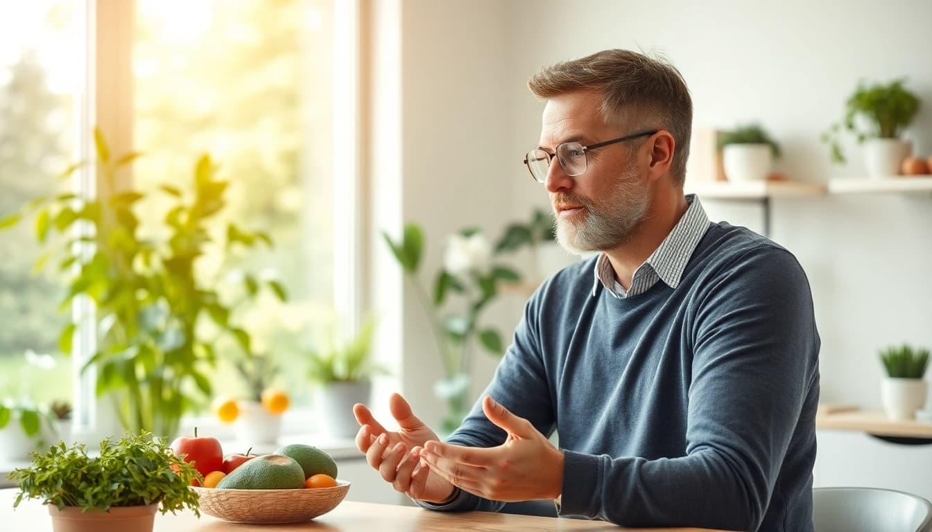 Gesundheitsberater erklärt Gewichtsverlust und gesunde Erährungsweisen in einer Arztpraxis.