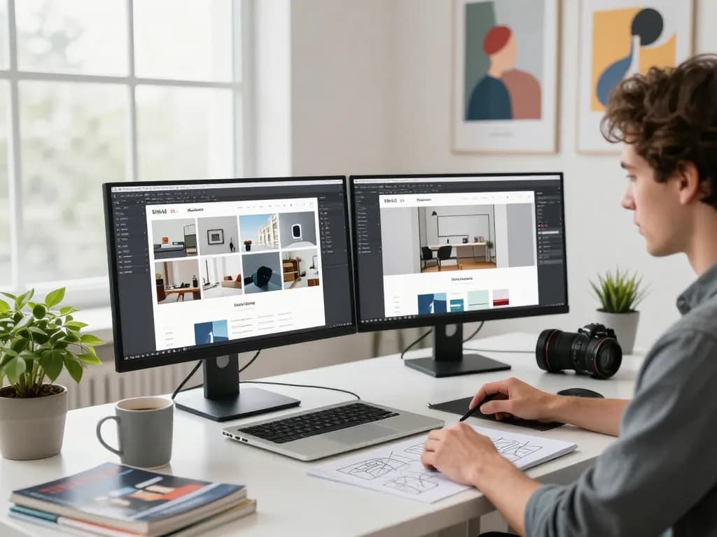 Webdesign-Freiberufler arbeitet in einem hellen, modernen Büro und erstellt responsive Webseitendesigns.