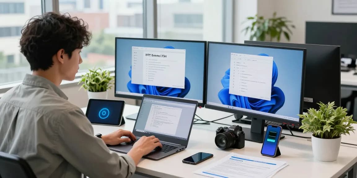 Windows 11 IoT Enterprise für Firmen bestellen in einem modernen IT-Büro mit dualen Monitoren und einem Laptop.