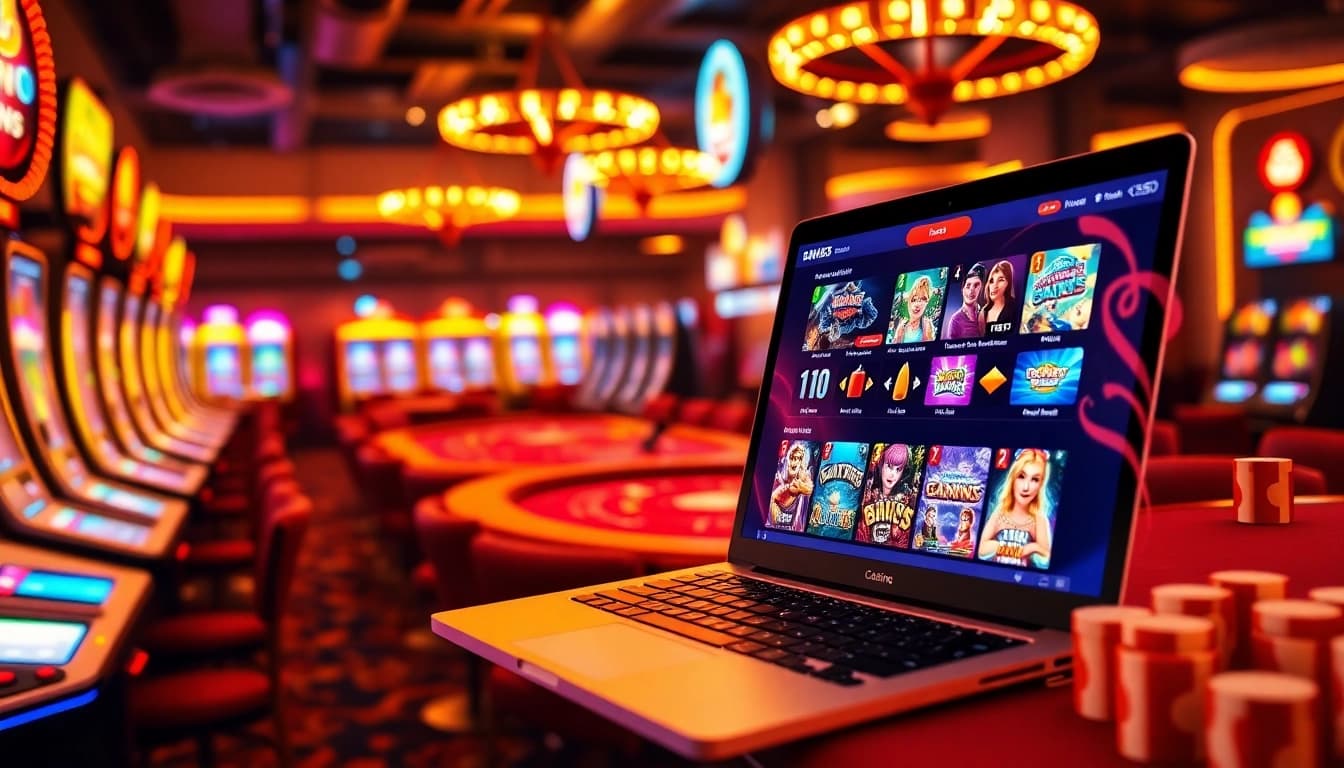 Explore exciting online casinos with colorful slot machines and engaging game displays on a digital interface.