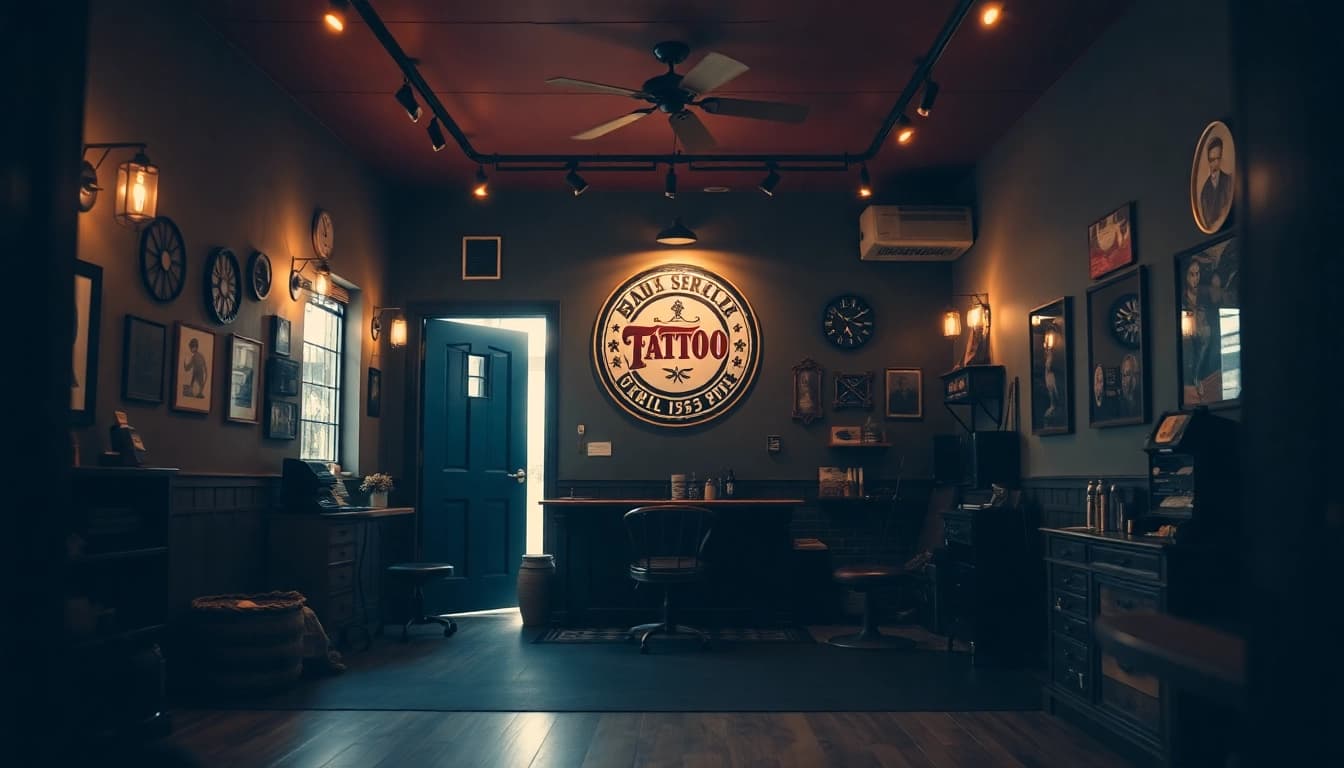 Welcoming atmosphere of Tattoo Studio München featuring vintage décor and warm lighting.